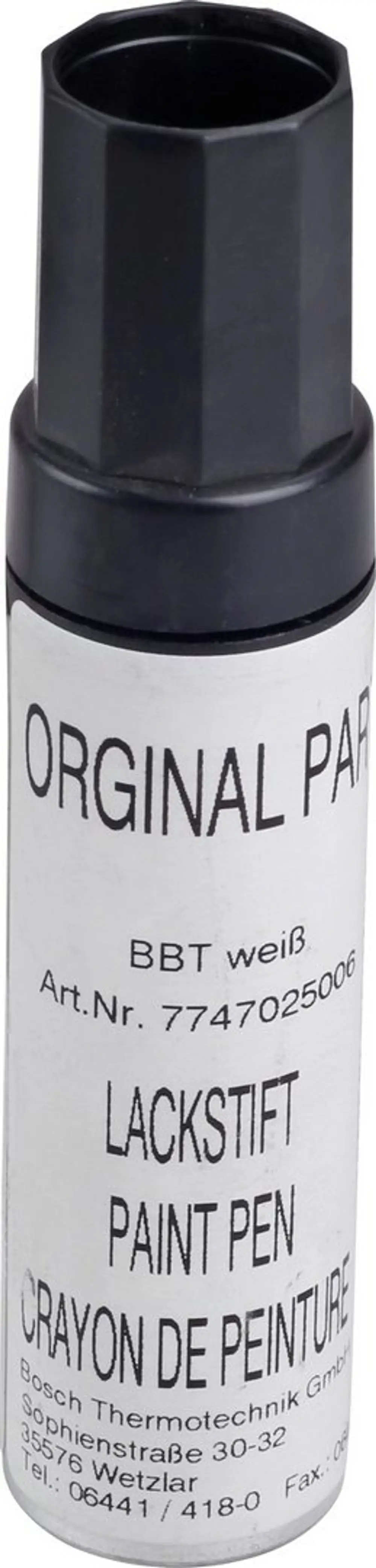 Weißer Lackstift in runder, schwarzer Kappe. Auf dem Etikett sind die Begriffe "Lackstift", "Paint Pen" und "Bosch" abgebildet.